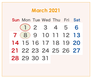 2021年のオーストラリアのカレンダー 3月