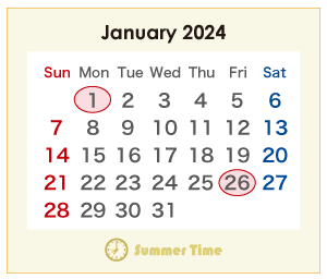 2024年のオーストラリアのカレンダー 1月
