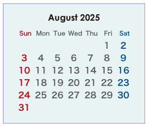 2025年のオーストラリアのカレンダー 8月