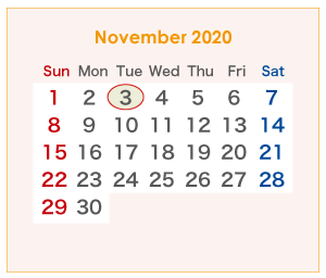 2020年のオーストラリアのカレンダー 11月