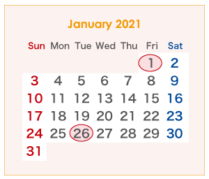 2021年のオーストラリアのカレンダー 1月