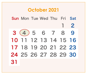 2021年のオーストラリアのカレンダー 10月