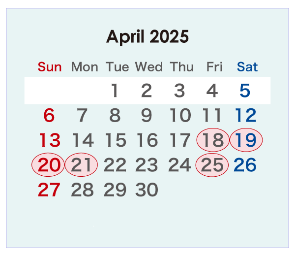 2025年のオーストラリアのカレンダー 4月