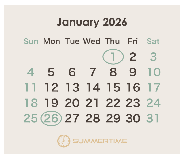 2026年のオーストラリアのカレンダー 1月