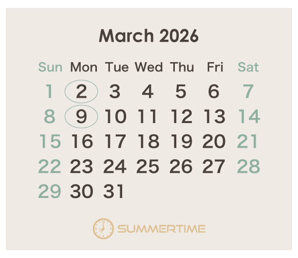 2026年のオーストラリアのカレンダー 3月