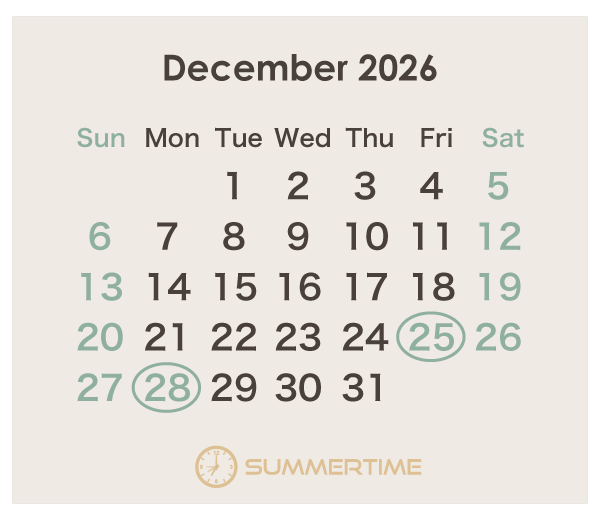 2026年のオーストラリアのカレンダー 12月