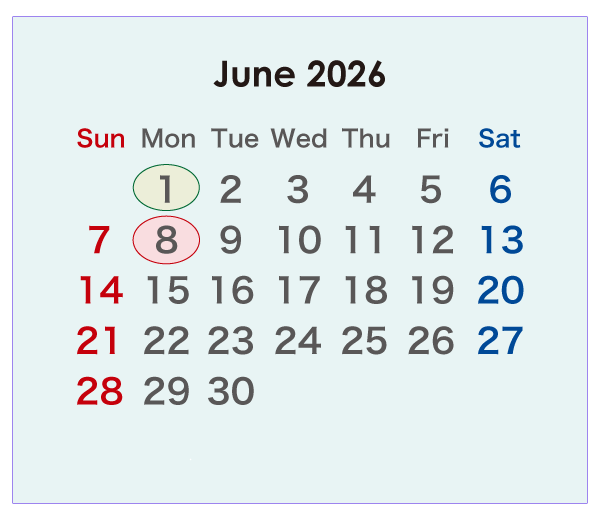 2026年のオーストラリアのカレンダー 6月