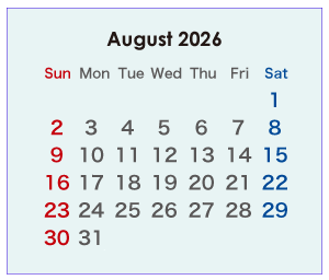 2026年のオーストラリアのカレンダー 8月