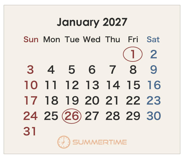 2027年のオーストラリアのカレンダー 1月