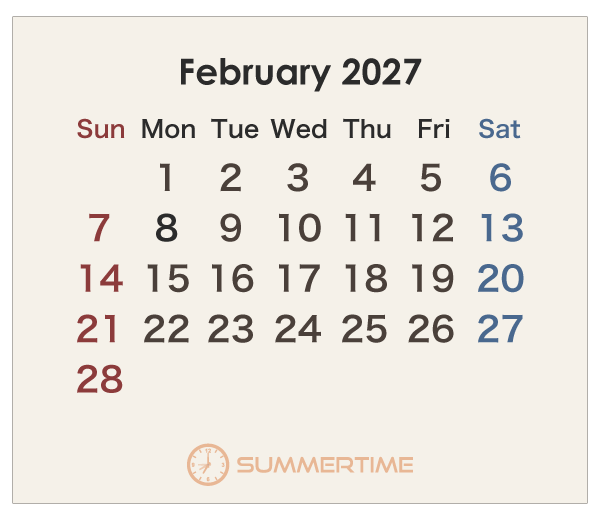 2027年のオーストラリアのカレンダー 2月