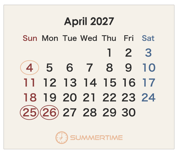 2027年のオーストラリアのカレンダー 4月