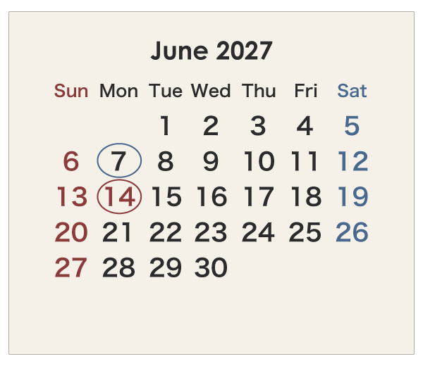 2027年のオーストラリアのカレンダー 6月