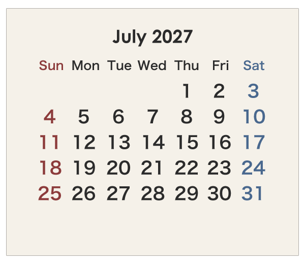 2027年のオーストラリアのカレンダー 7月
