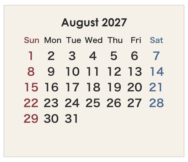 2027年のオーストラリアのカレンダー 8月
