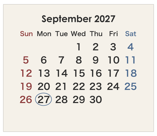 2027年のオーストラリアのカレンダー 9月