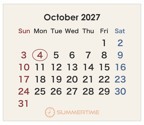 2027年のオーストラリアのカレンダー 10月
