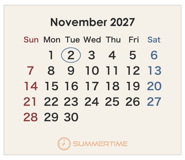 2027年のオーストラリアのカレンダー 11月