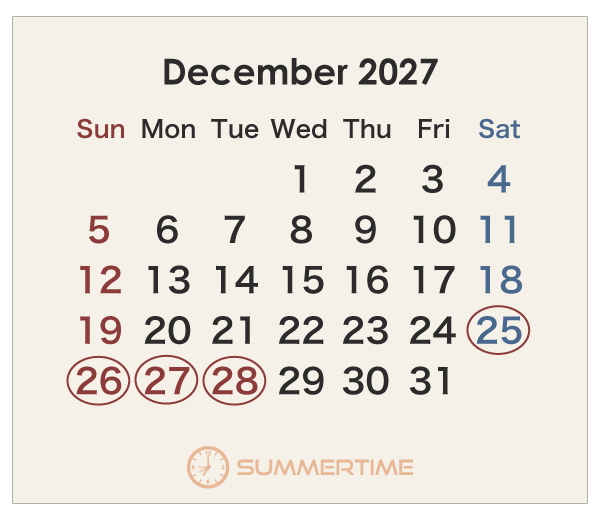 2027年のオーストラリアのカレンダー 12月