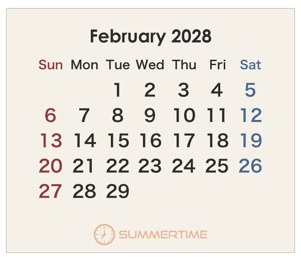 2028年のオーストラリアのカレンダー 2月