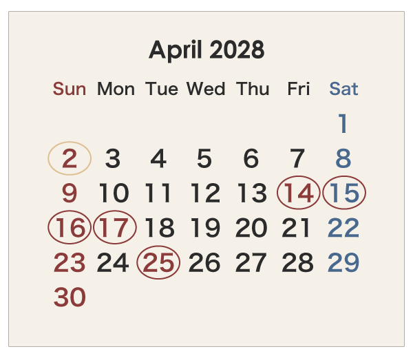 2028年のオーストラリアのカレンダー 4月