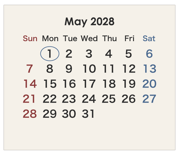 2028年のオーストラリアのカレンダー 5月