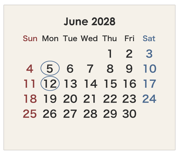 2028年のオーストラリアのカレンダー 6月