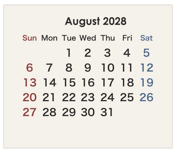 2028年のオーストラリアのカレンダー 8月