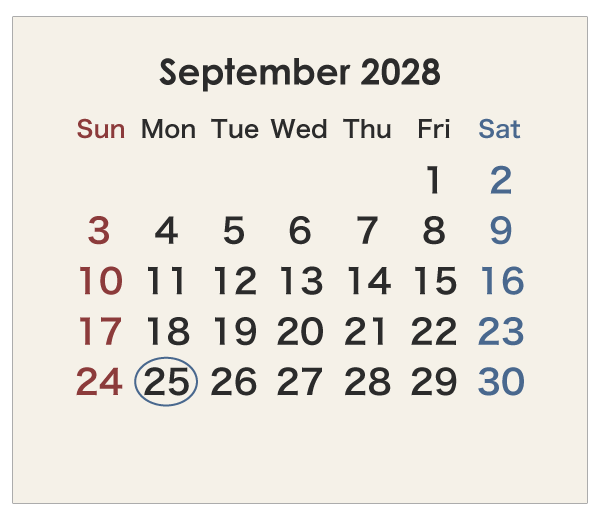 2028年のオーストラリアのカレンダー 9月