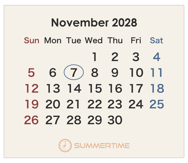 2028年のオーストラリアのカレンダー 11月