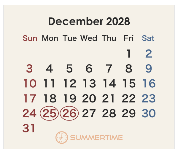 2028年のオーストラリアのカレンダー 12月