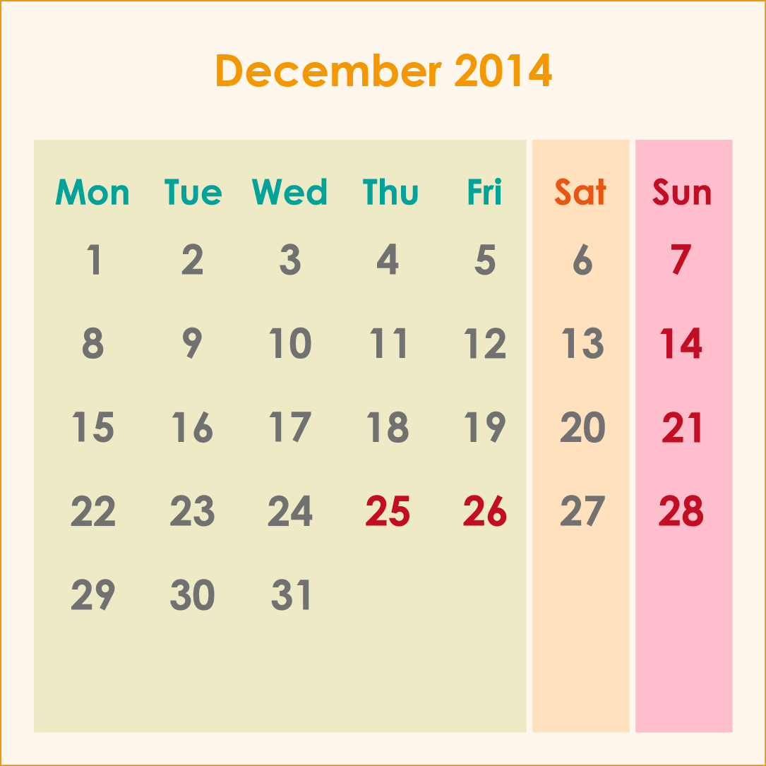 オーストラリアのカレンダー2014年12月