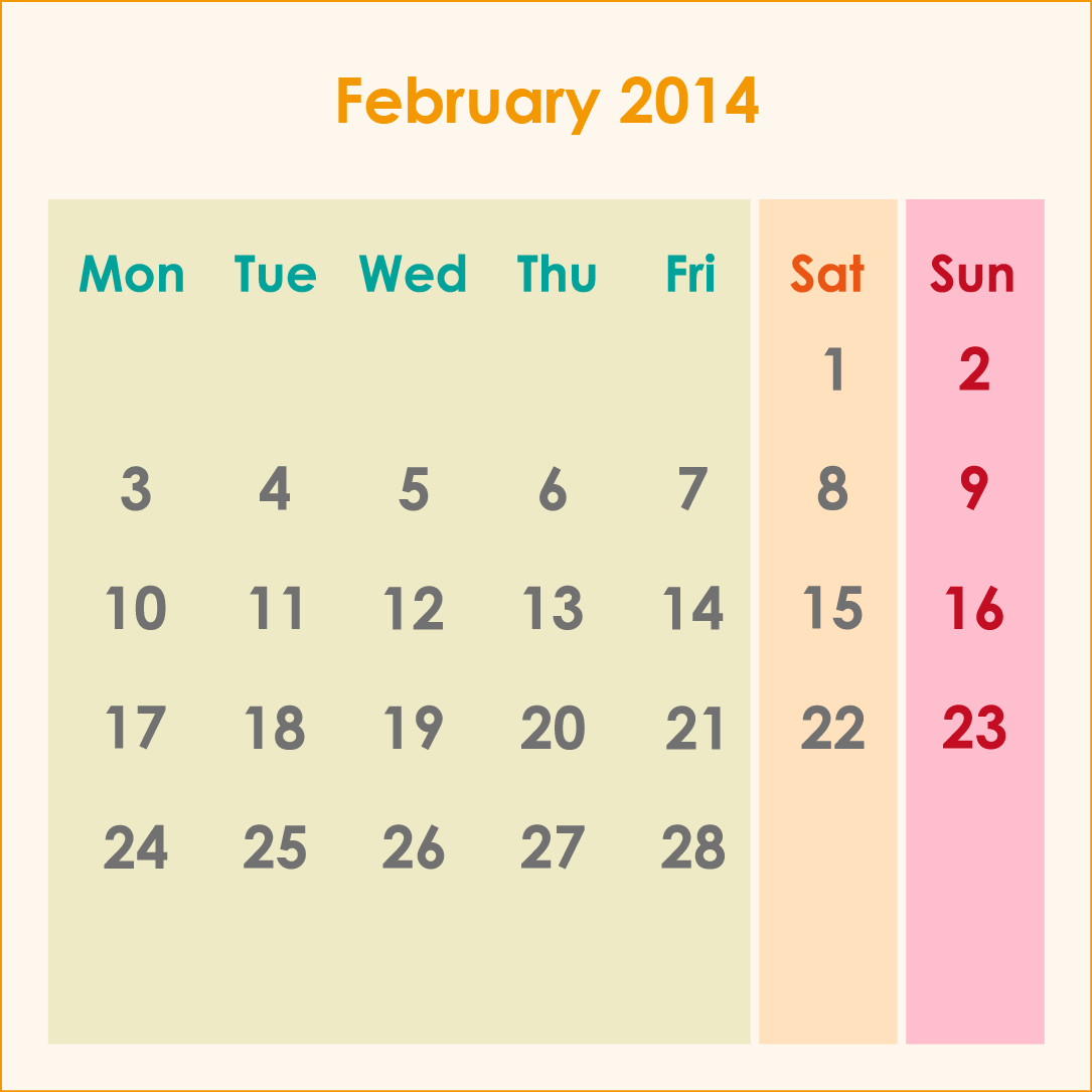 オーストラリアのカレンダー2014年2月