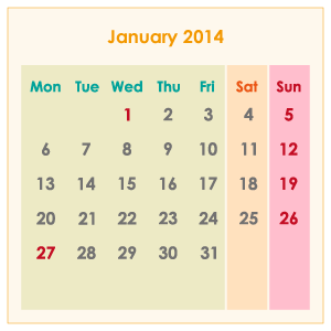 オーストラリアのカレンダー2014年1月