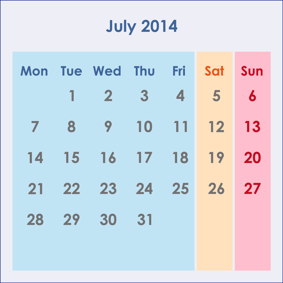 オーストラリアのカレンダー2014年7月