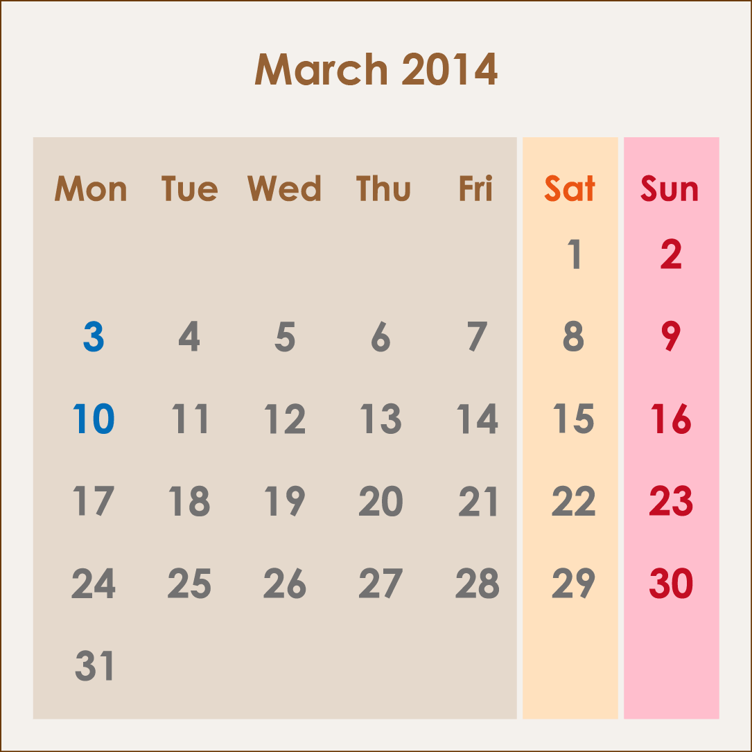 オーストラリアのカレンダー2014年3月