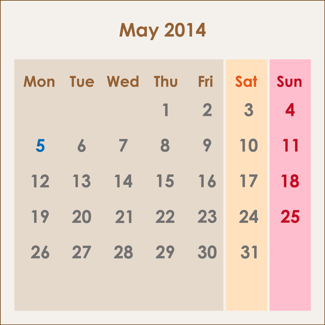 オーストラリアのカレンダー2014年5月