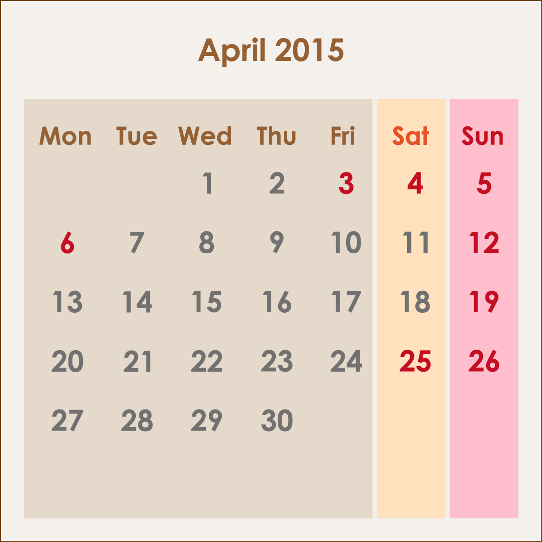オーストラリアのカレンダー2015年4月