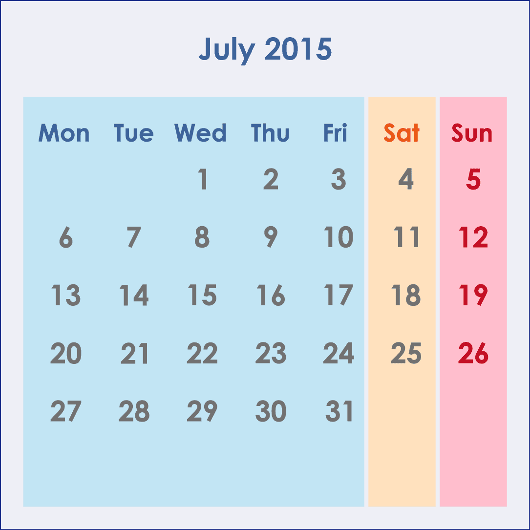 オーストラリアのカレンダー2015年7月