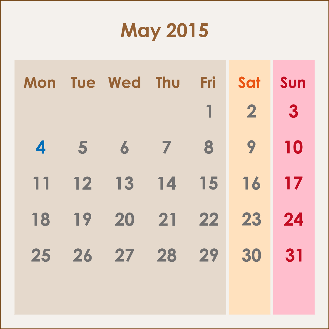 オーストラリアのカレンダー2015年5月