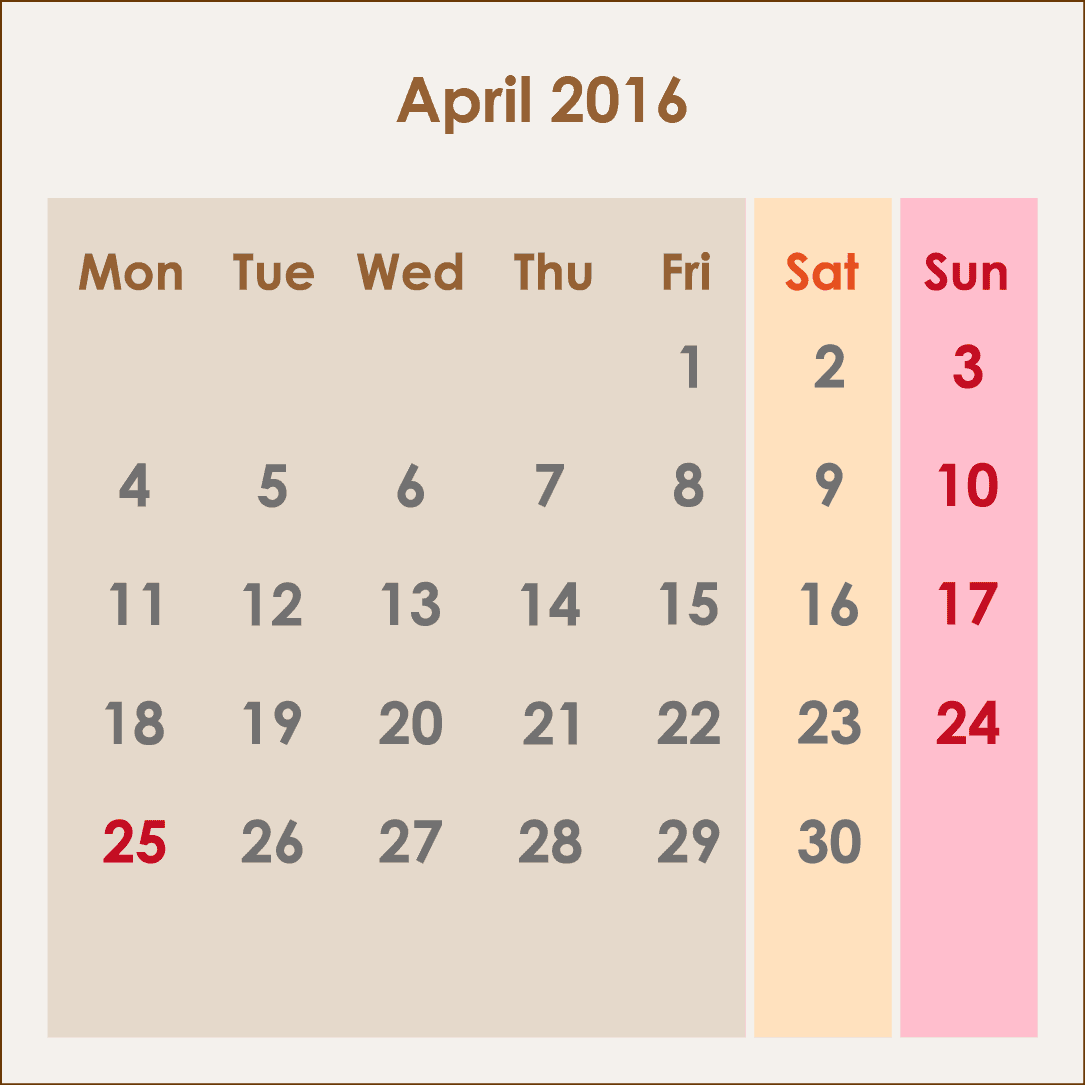 オーストラリアのカレンダー2016年4月