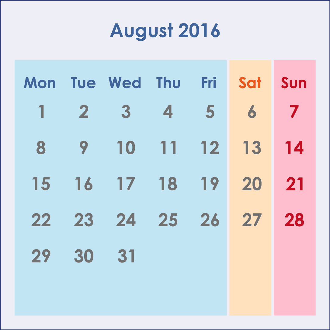オーストラリアのカレンダー2016年8月