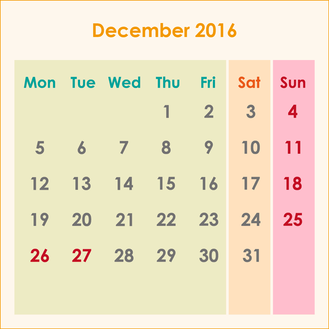 オーストラリアのカレンダー2016年12月