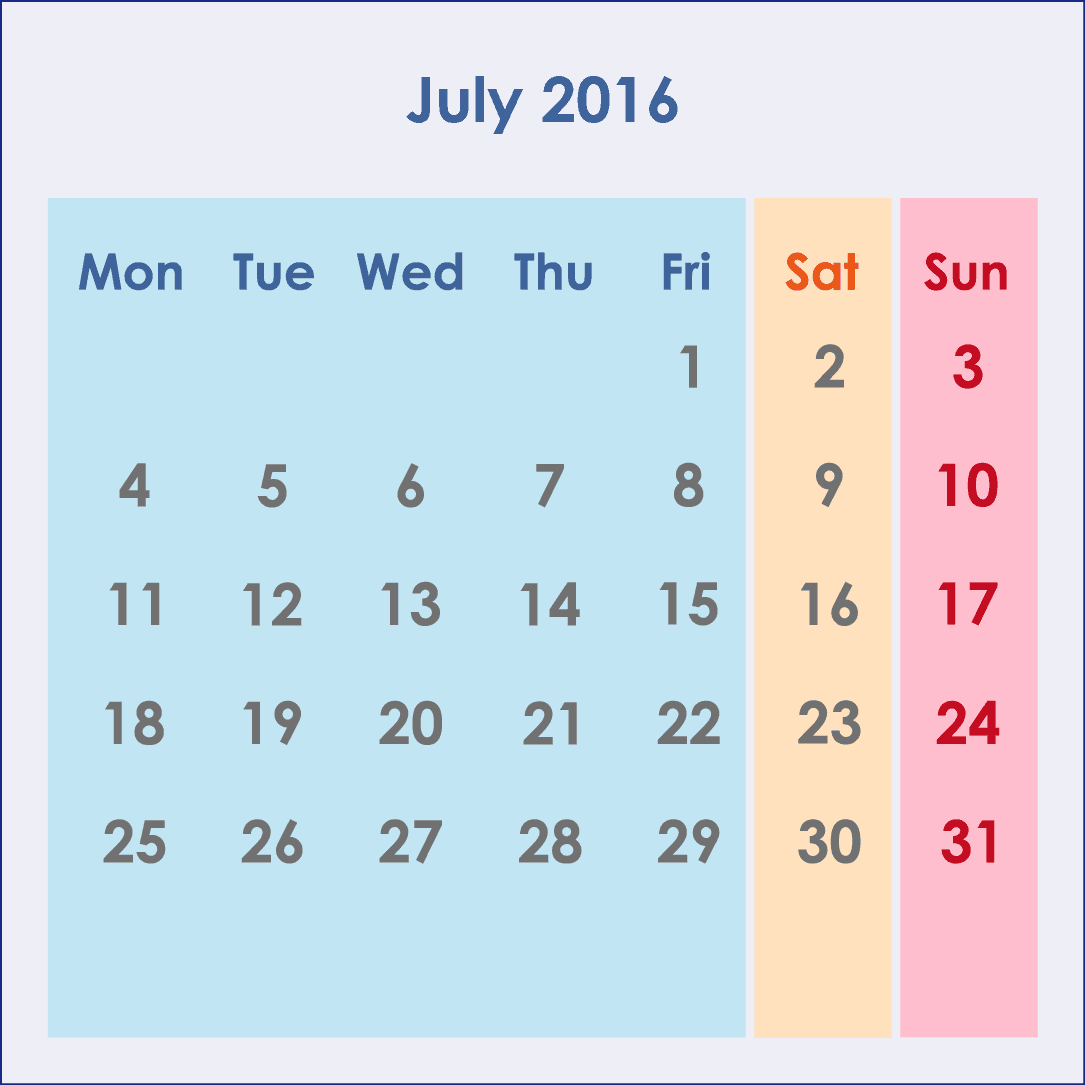 オーストラリアのカレンダー2016年7月