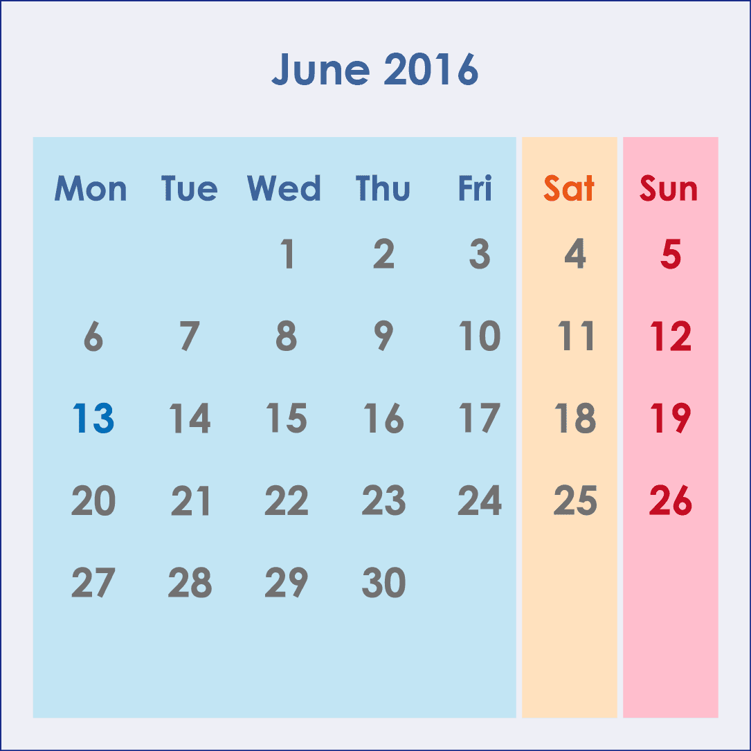 オーストラリアのカレンダー2016年6月