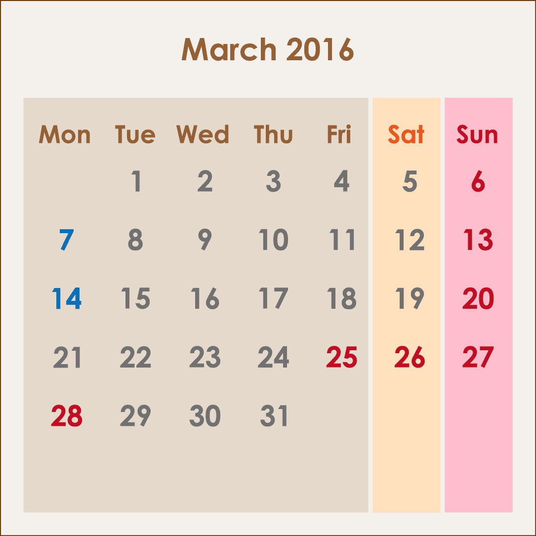 オーストラリアのカレンダー2016年3月