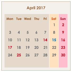 オーストラリアのカレンダー2017年4月