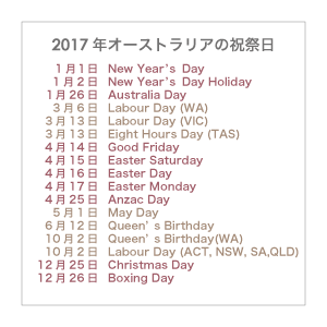 オーストラリアの祝祭日2017年