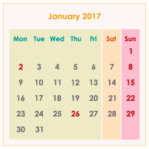 オーストラリアのカレンダー2017年1月