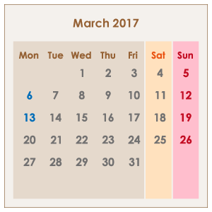 オーストラリアのカレンダー2017年3月