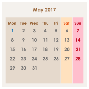 オーストラリアのカレンダー2017年5月